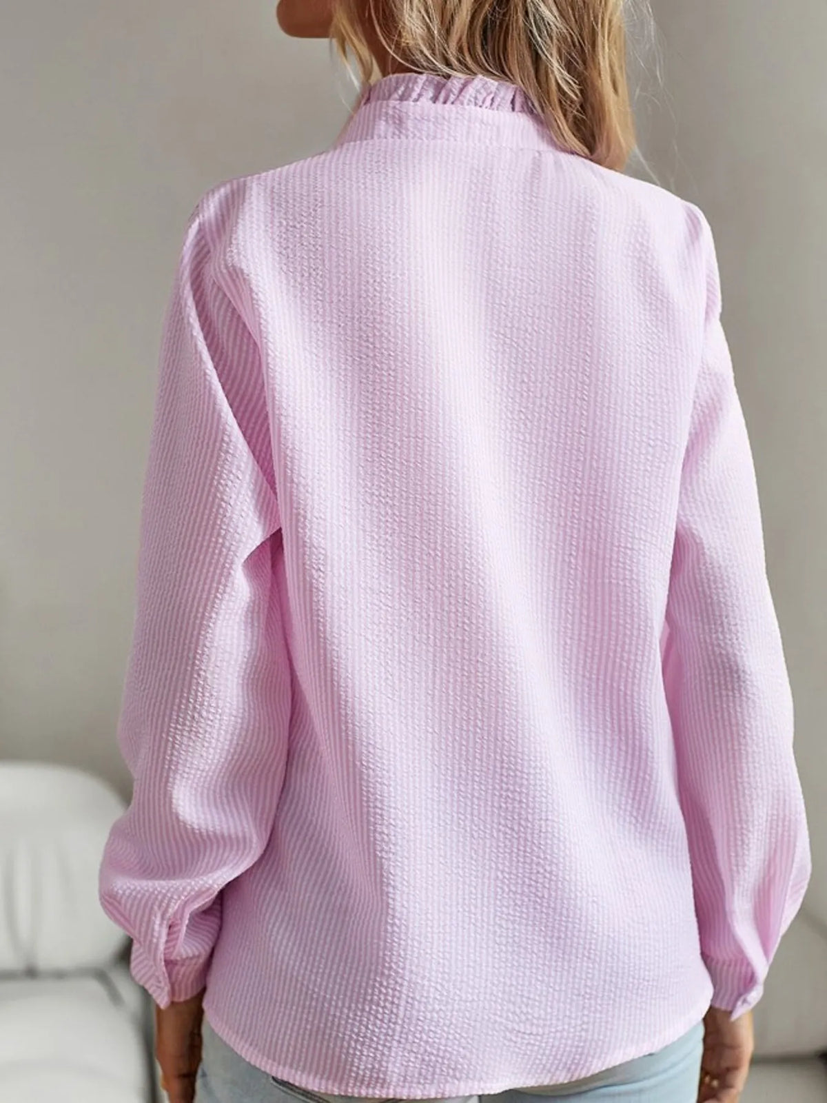 Striped Ruffle Detail Button-Up Blouse - Ladyez