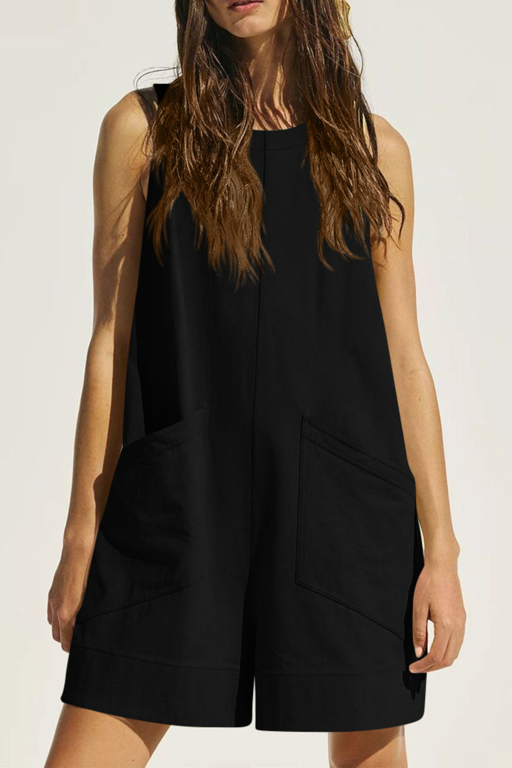 Lovelet Round Neck Sleeveless Romper with Pockets - Ladyez