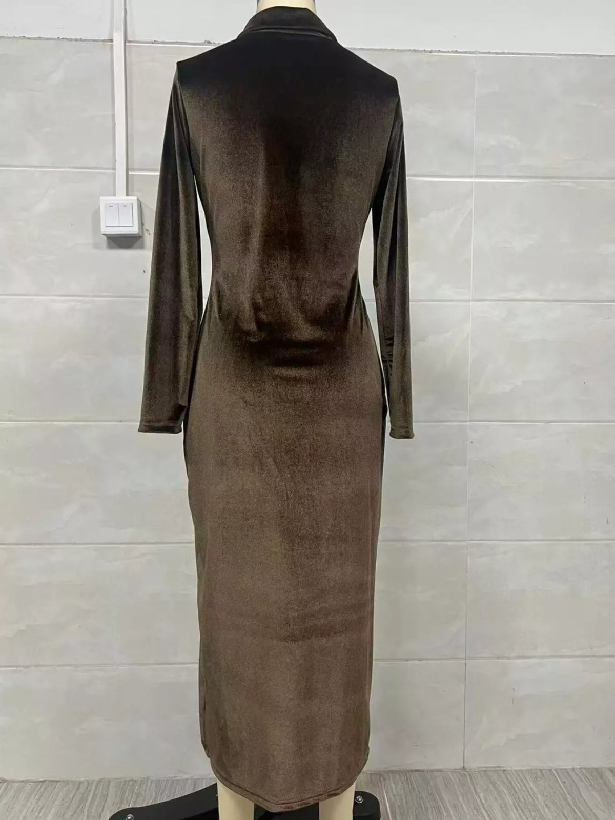 Velvet Zip-Front Slit Midi Dress