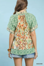 Umgee Mixed Print V-Neck Short Sleeve Top