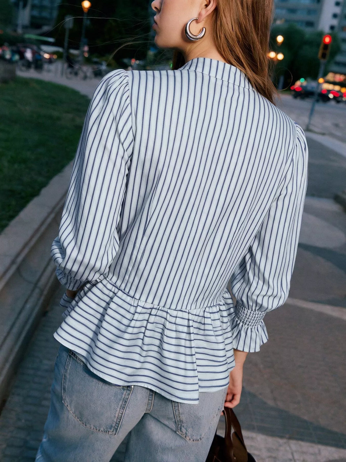 Striped Mandarin Knot Buttons Peplum Hem Shirt