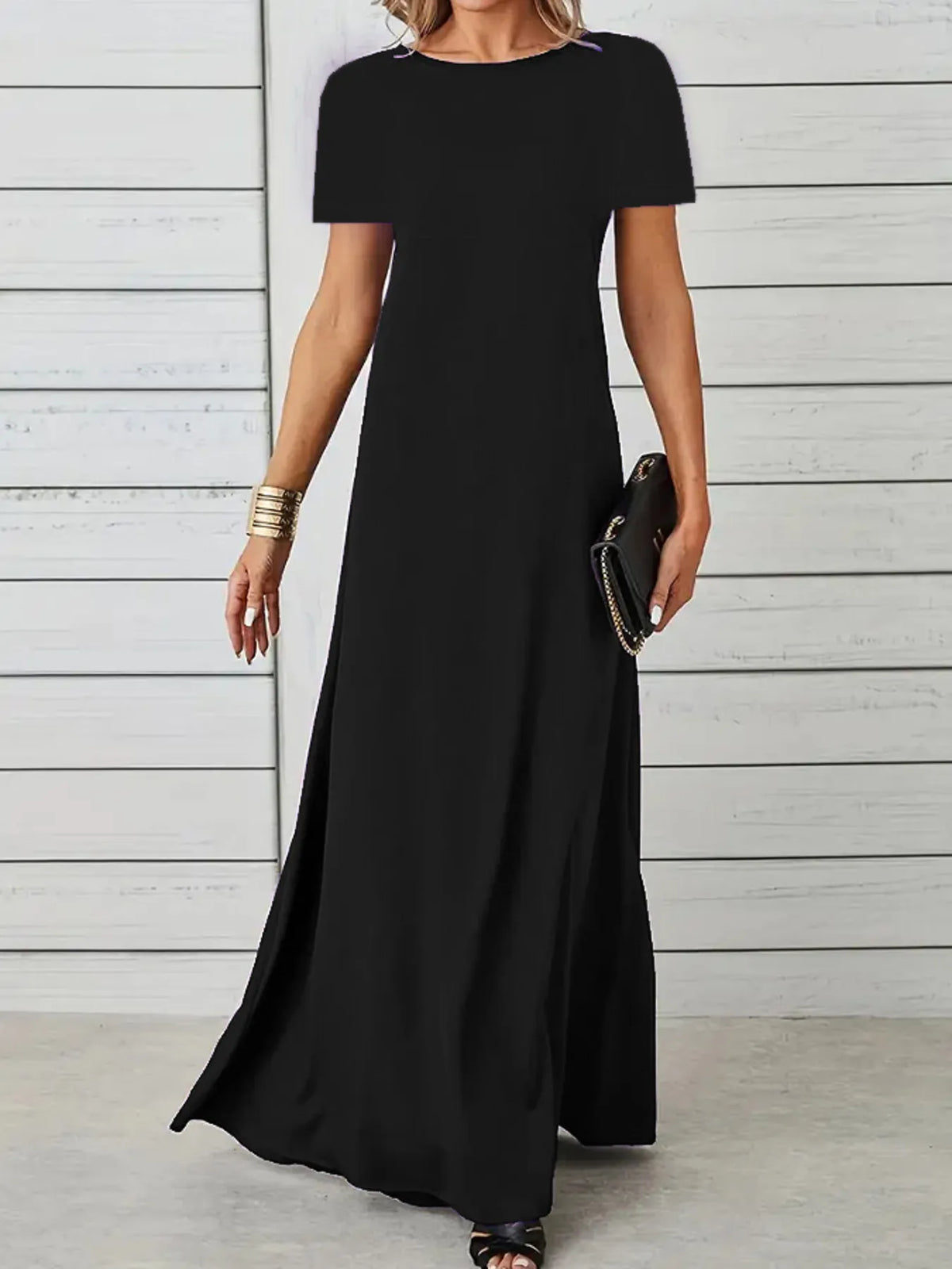 Full Size Round Neck Short Sleeve A-Line Maxi Dress Plus Size - Ladyez