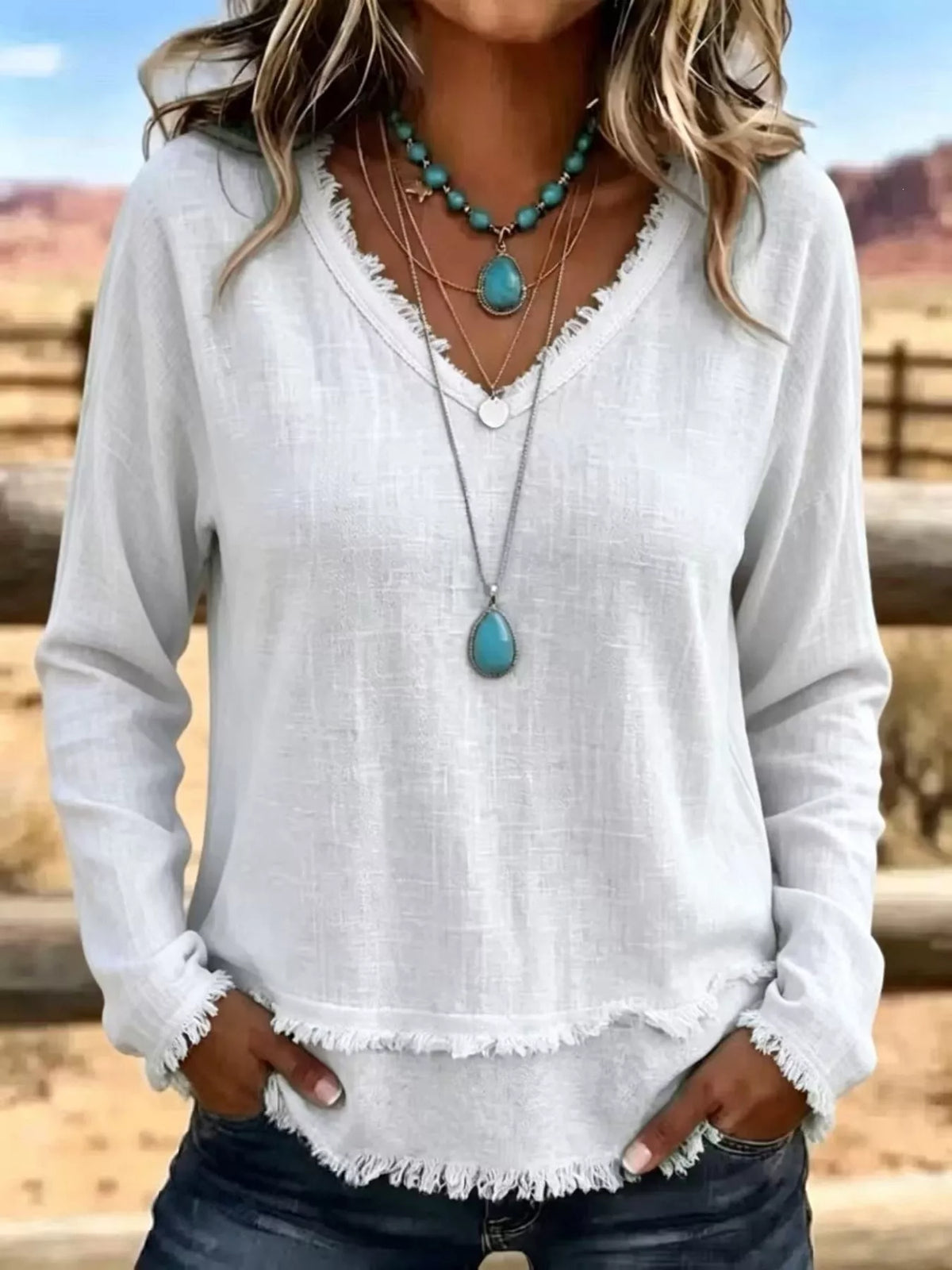 V-Neck Long Sleeve Blouse with Frayed Hem Detail