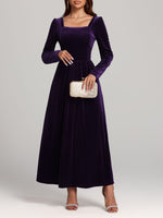 Velvet Square Neck Long Sleeve Dress - Ladyez