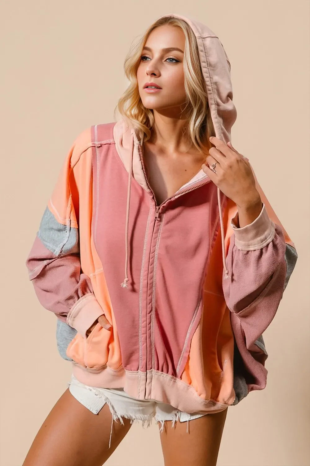 Double Take Full Size Color Block Zip Up Hoodie