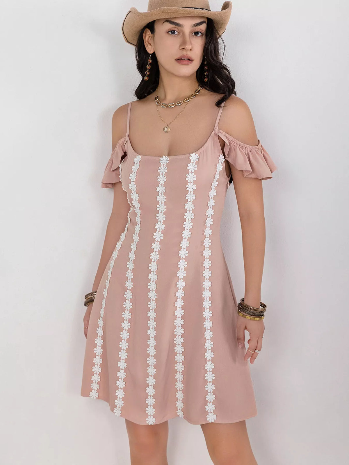 Floral Lace Trim Cold Shoulder A-Line Dress