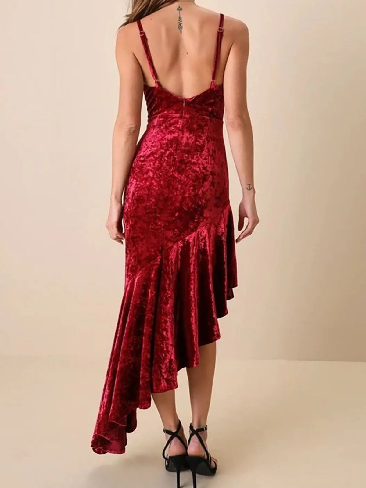 Asymmetrical Velvet Cami Dress with Ruffle Hem - Ladyez