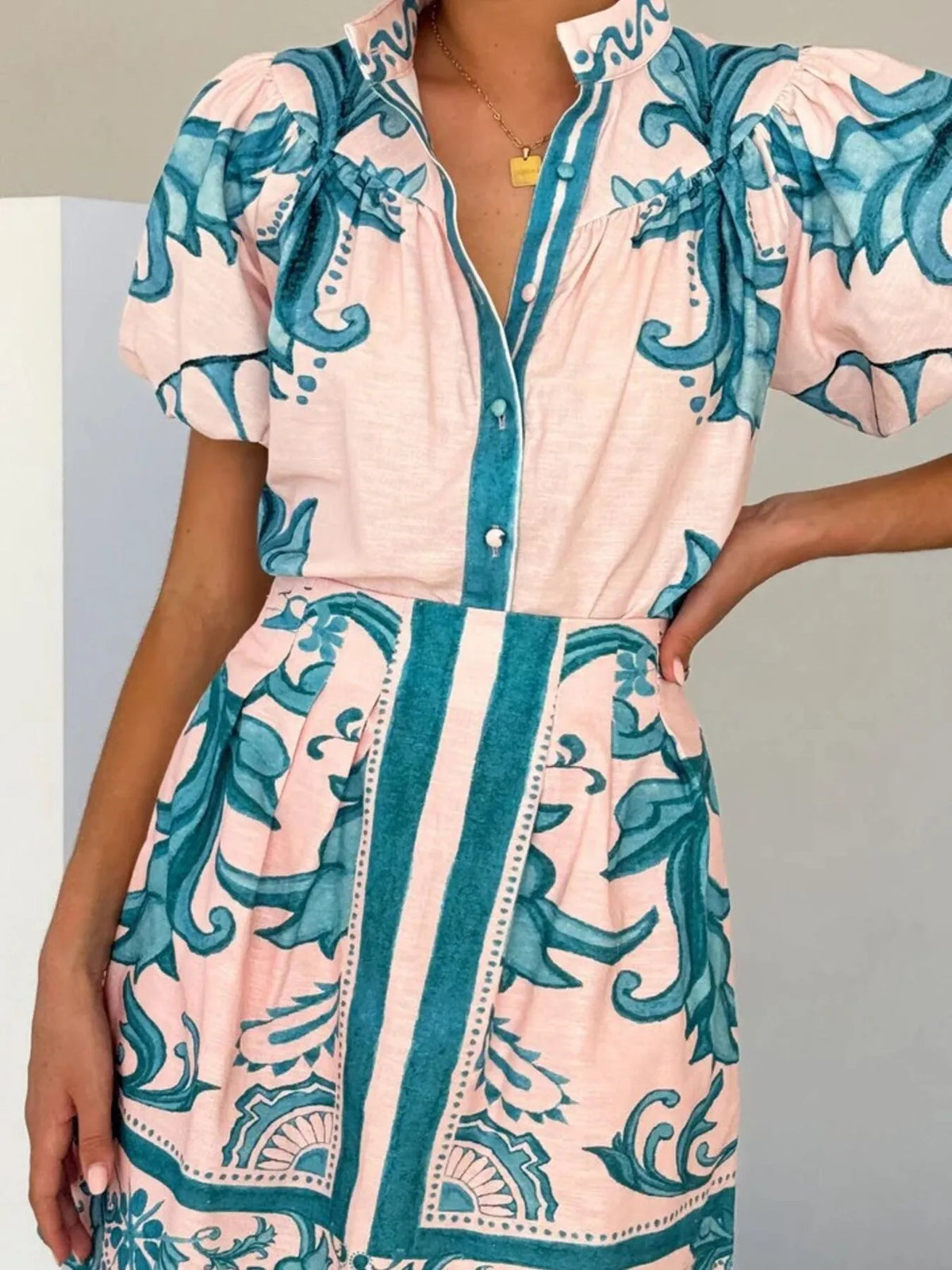 Puff Sleeve Printed Top and Zip Back Skirt Set - Ladyez