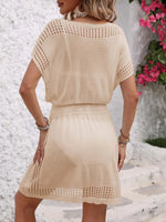 Openwork V-Neck Short Sleeve Cover-Up Dress - Ladyez