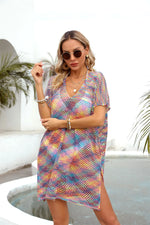 Angel Wings Openwork Contrast Short Sleeve Cover-Up - Ladyez