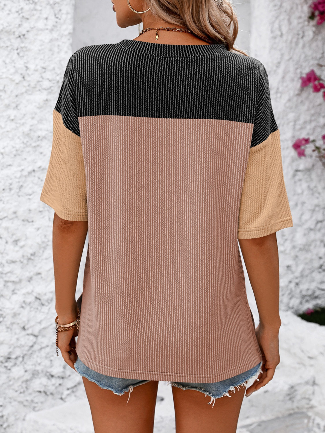 Mandy Color Block Round Neck Half Sleeve T-Shirt - Ladyez