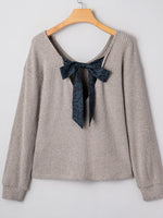 Ribbed V Neck Contrast Ribbon Bow Back Drop Shoulder Long Sleeve Top
