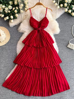 Pleated Layered Spaghetti Strap Midi Dress