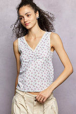 POL Ruched Floral V-Neck Tank with Lace Detail