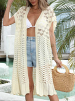 Open Front Short Sleeve Openwork Cover-Up - Ladyez