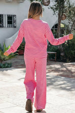Stripe Drop Shoulder Round Neck Top and Buttoned Straight Pants Two Piece Set
