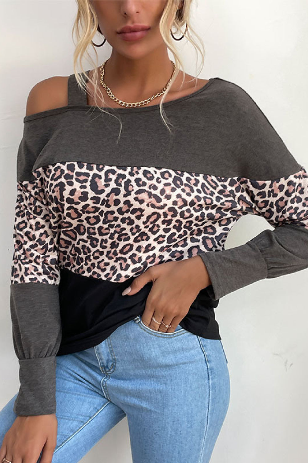 Perfee Leopard Print Color Block ColdShoulder Top