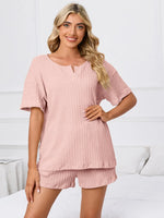 Notched Short Sleeve and Shorts Lounge Set - Ladyez