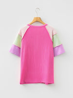 Twisted Rib Color Block Patchwork Short Sleeve Henley Top