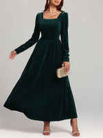 Velvet Square Neck Long Sleeve Dress - Ladyez