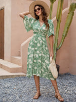 Printed V-Neck Flutter Sleeve Dress