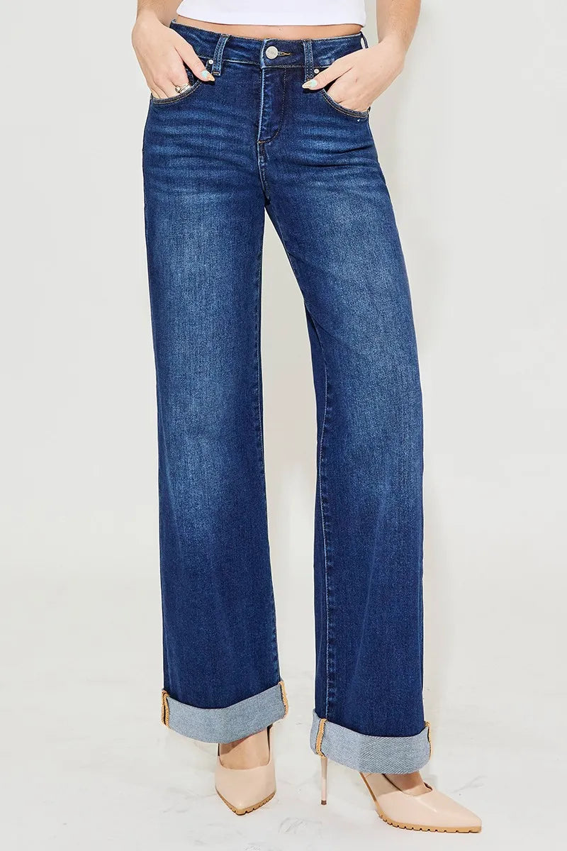 RISEN Full Size Tummy Control High Rise Wide Leg Cuffed Jeans Plus Size - Ladyez