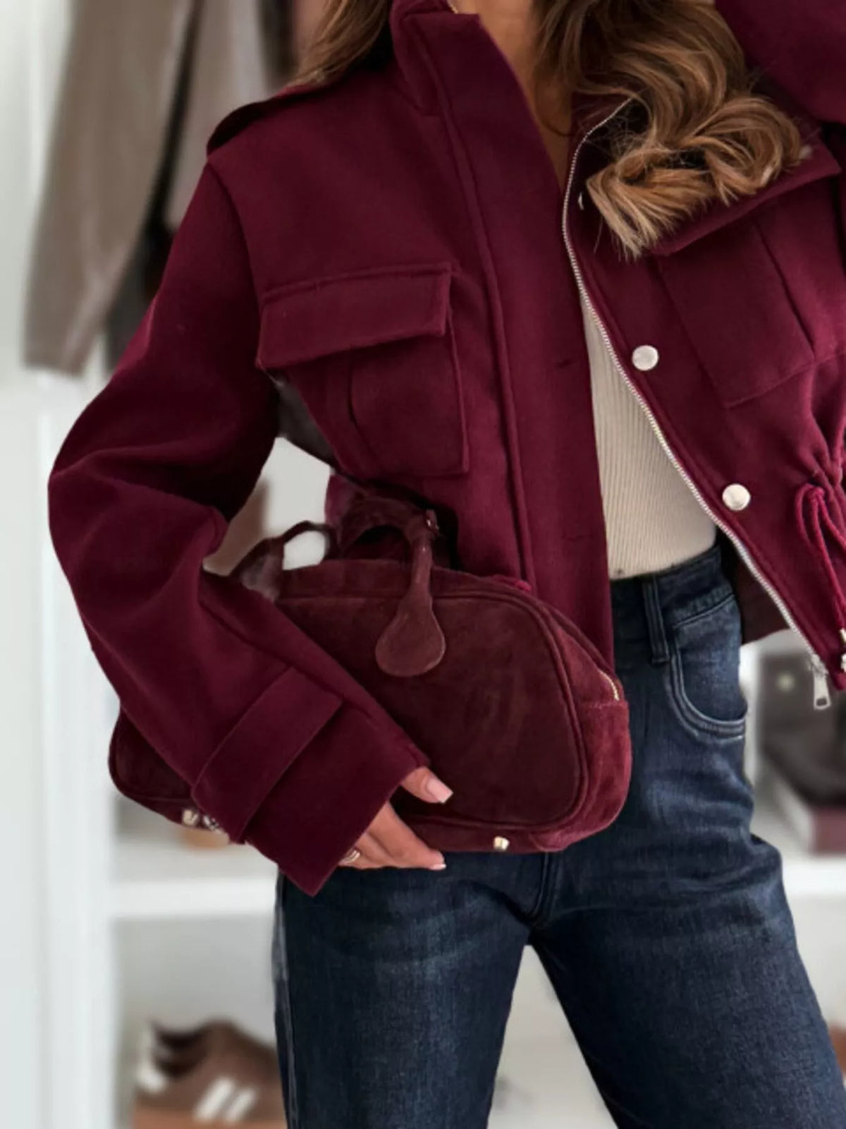 Drawstring Button-Up Casual Jacket