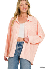 Zenana Woven Stripe Button Down Shirt