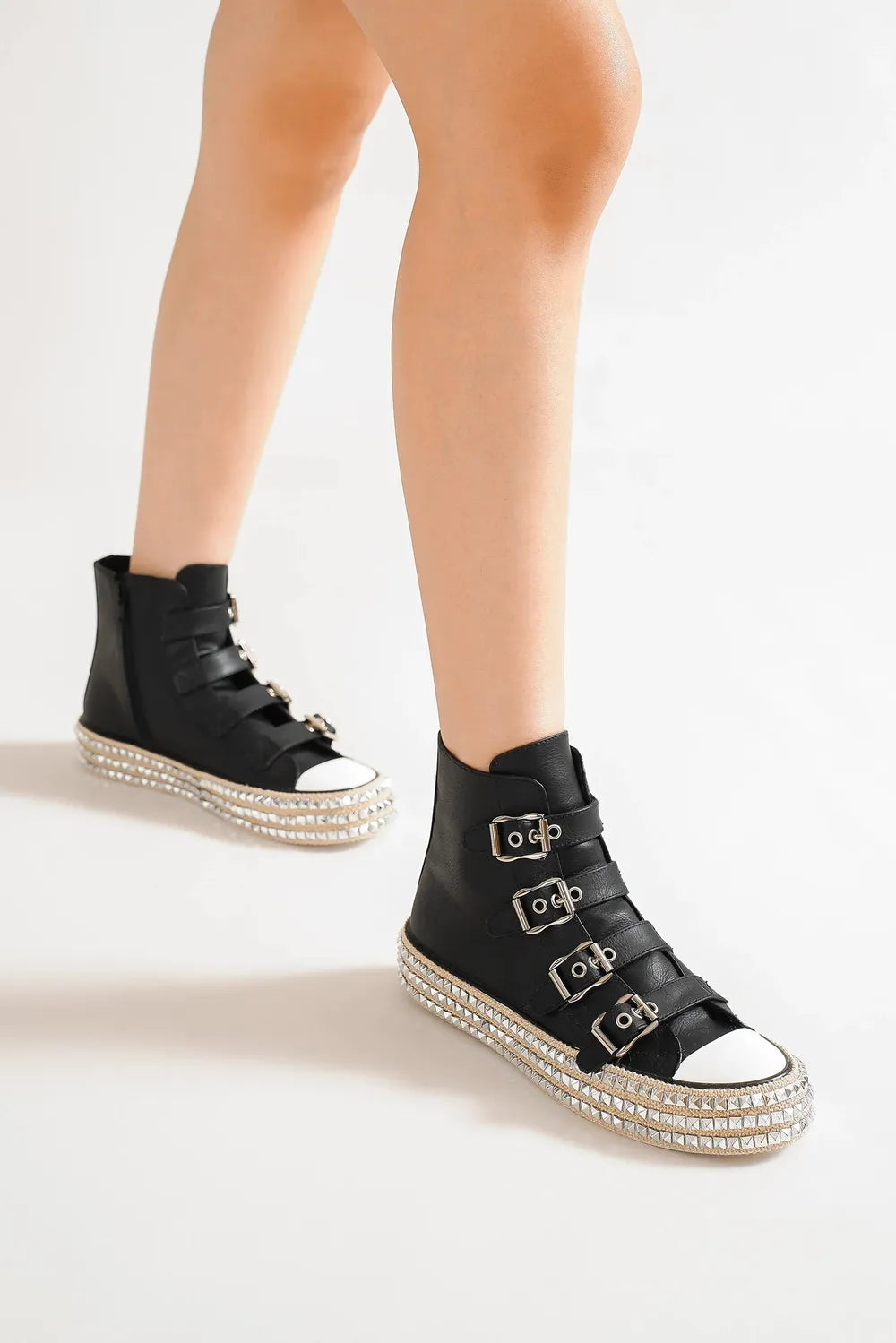 Beast Fashion Multi-Buckle Straps Studded Platform Sneakers - Ladyez