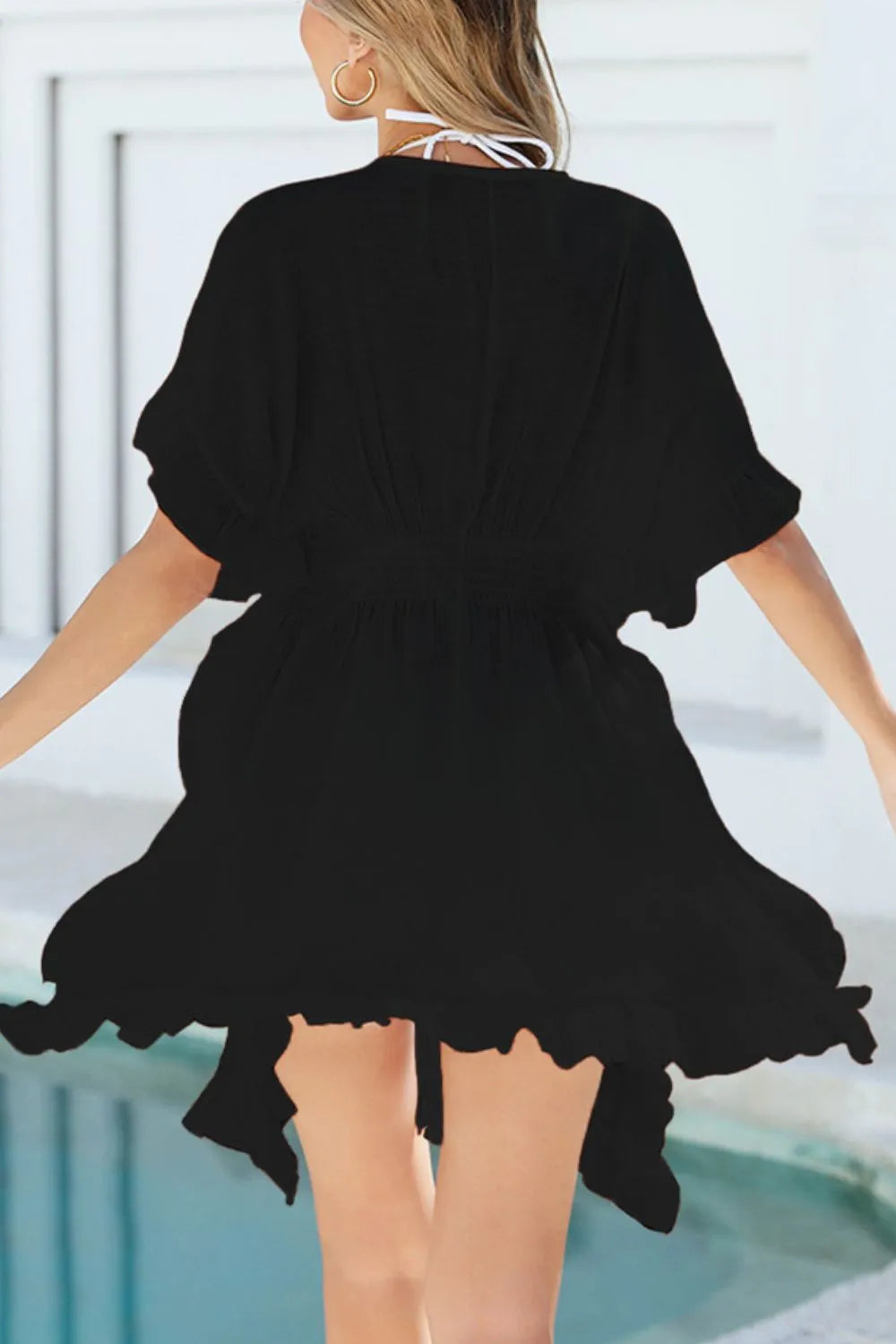 Ruffled Smocked Waist V-Neck Cover-Up - Ladyez