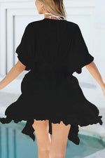 Ruffled Smocked Waist V-Neck Cover-Up - Ladyez