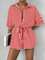 Tie Waist Half Button Striped Romper - Ladyez