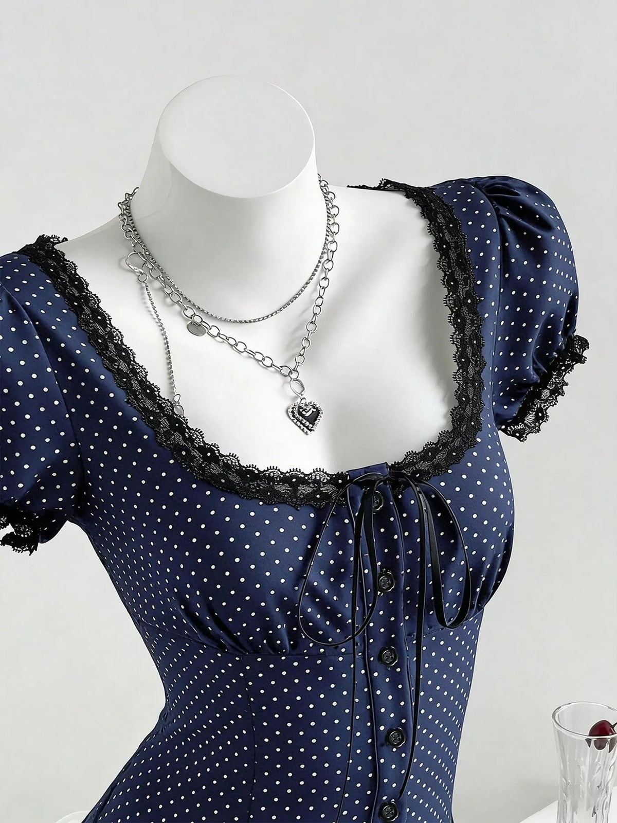 Polka Dot Lace Trim Puff Sleeve Top