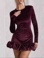 Velvet Ruched Hem Long Sleeve Dress