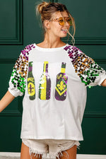 BiBi Sequin Mardi Gras Bottles Spangled Sleeve Top