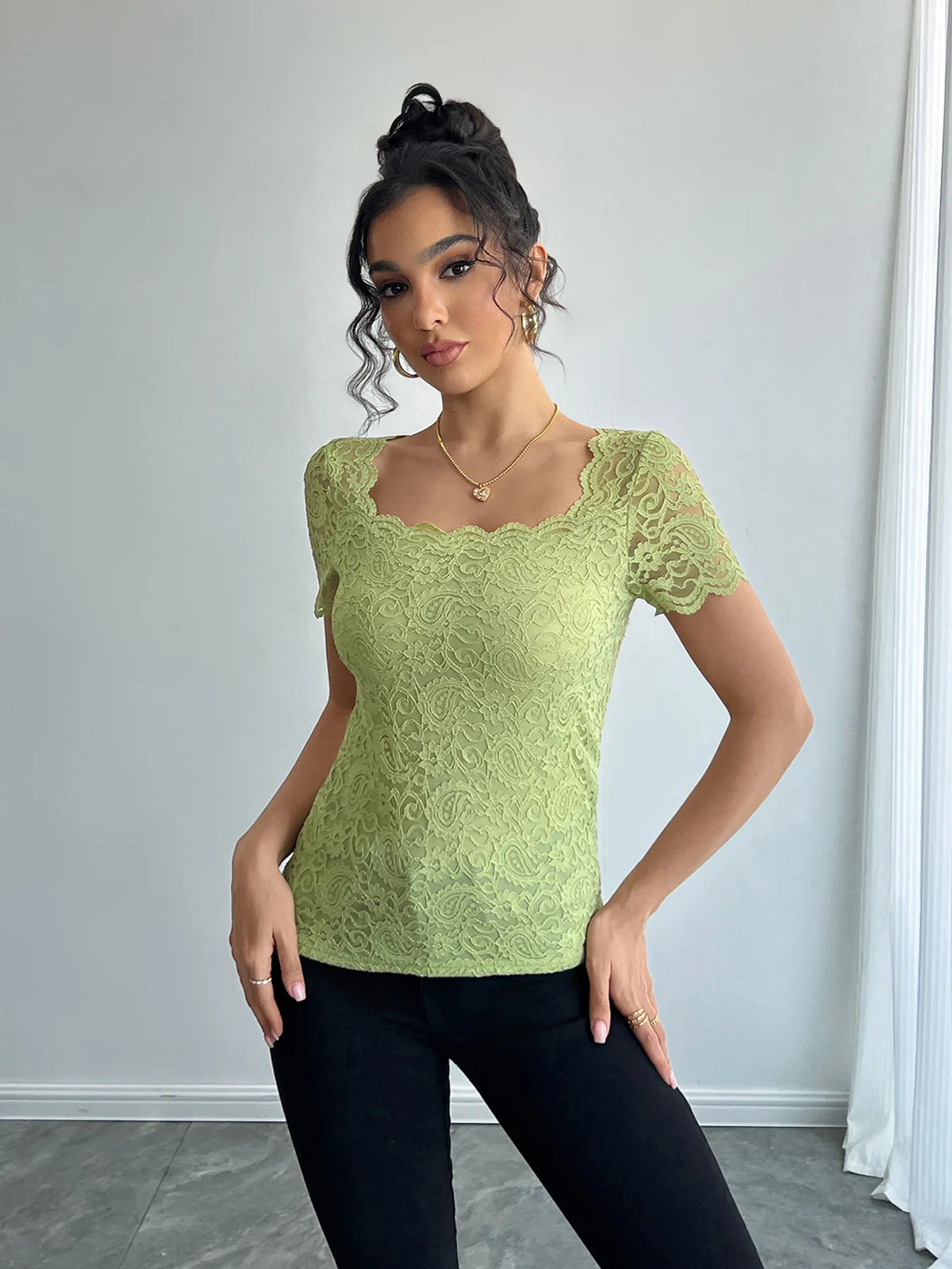 Floral Lace Square Neck T-Shirt - Ladyez