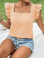 Ruffle Sleeve Gingham Square Neck Top - Ladyez