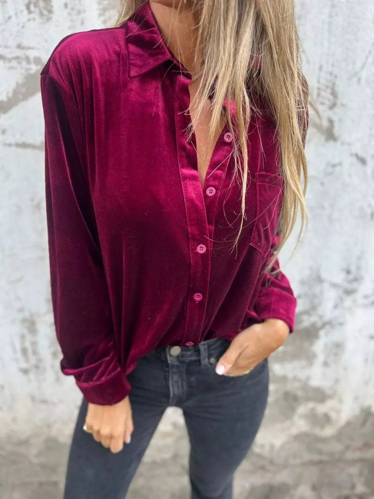 Full Size Velvet Button-Up Long Sleeve Shirt Plus Size