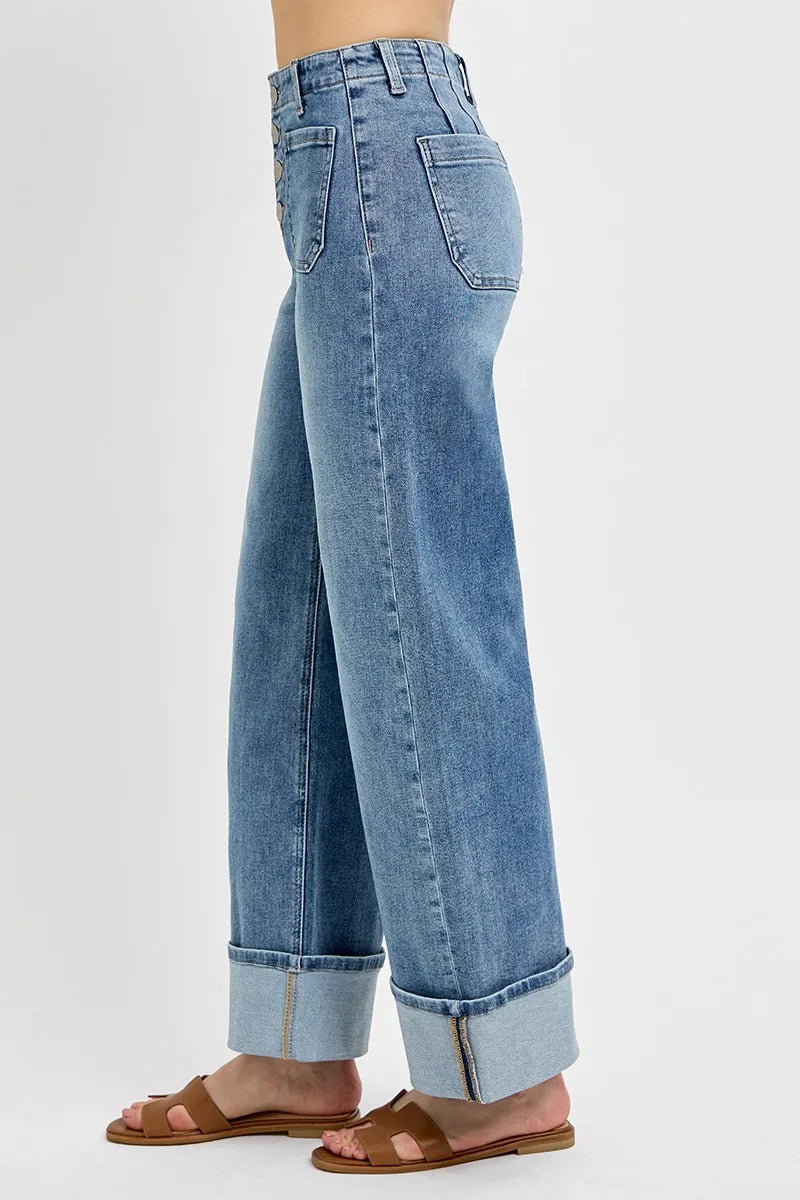 RISEN High Rise Ankle Wide Button Patch Pocket Cuffed Jeans - Ladyez