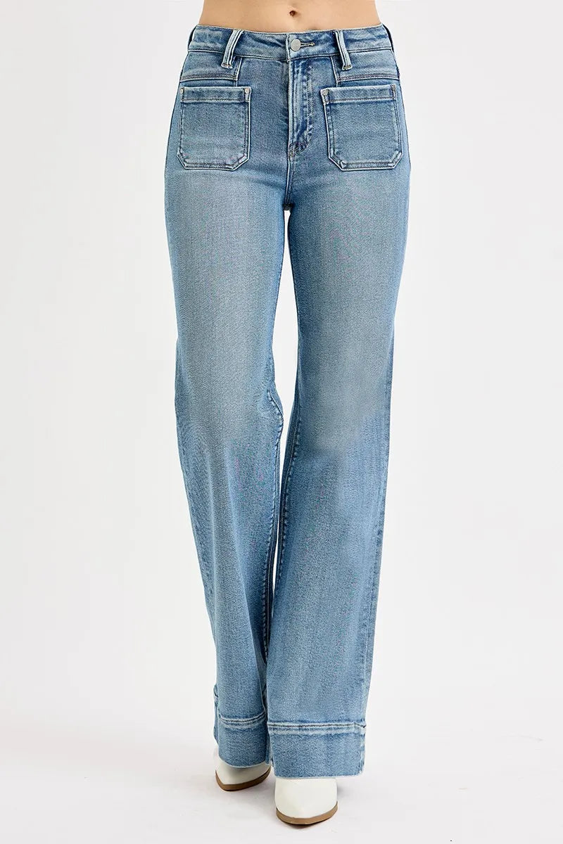 RISEN Full Size High Rise Wide Flare Patch Pocket Jeans Plus Size - Ladyez