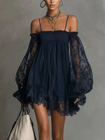 Spaghetti Strap Lace Flounce Sleeve Mini Dress