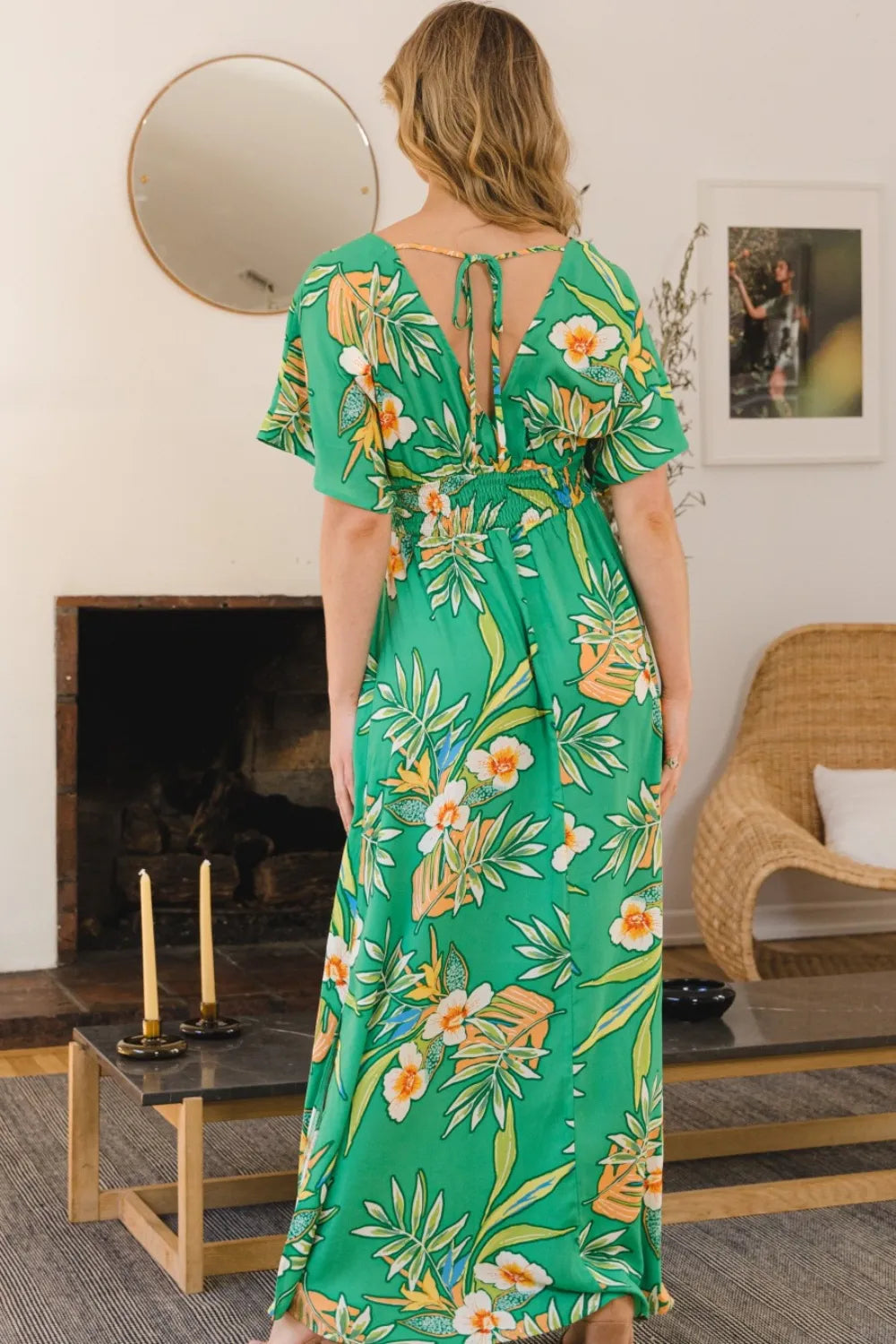 ODDI Full Size Floral Smocked Tied Back Maxi Dress - Ladyez