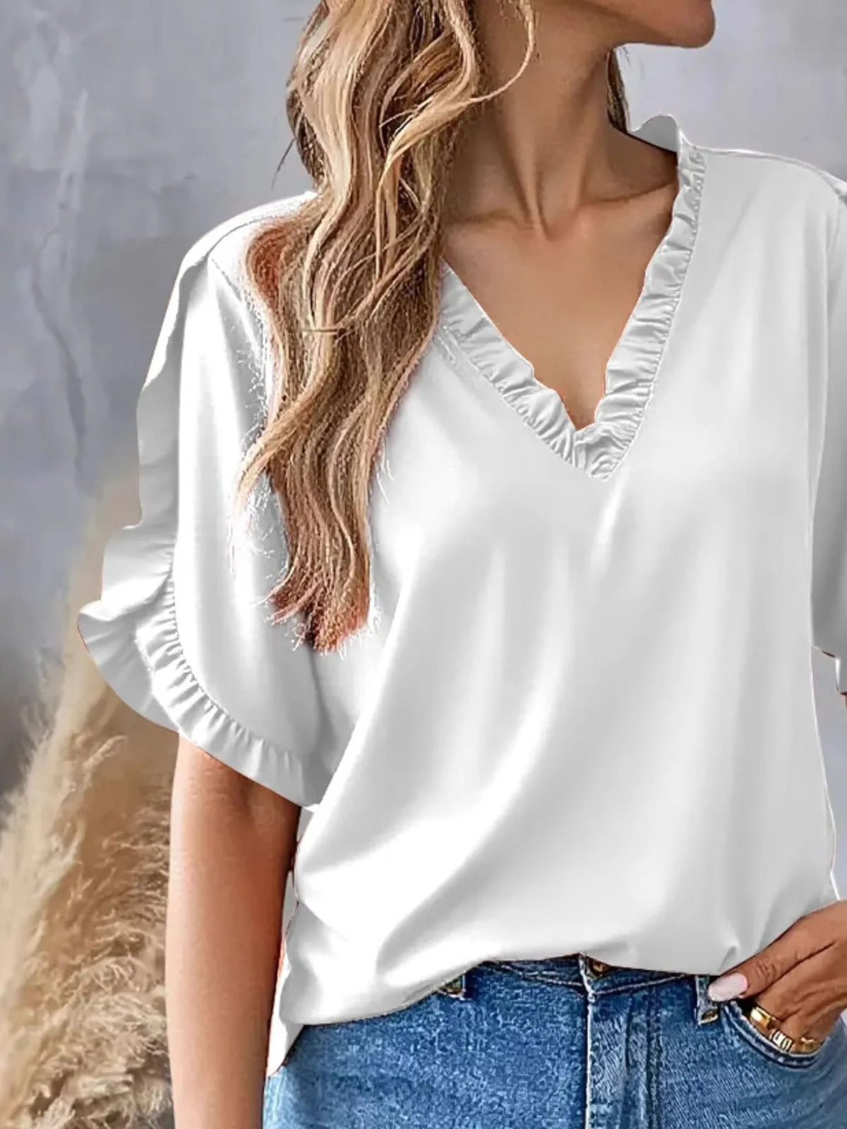 Ruffled V-Neck Short Sleeve Blouse - Ladyez