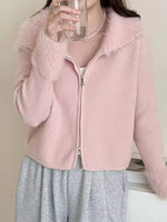 Fluffy Trim Zip-Up Cardigan