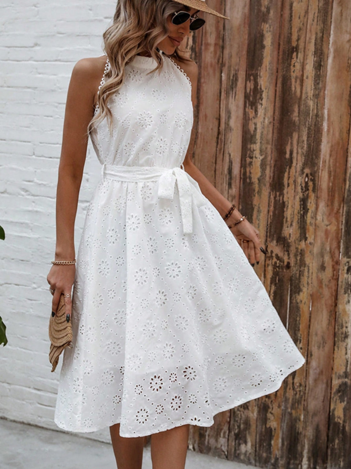Eyelet Grecian Neck Tie Waist Midi Dress - Ladyez