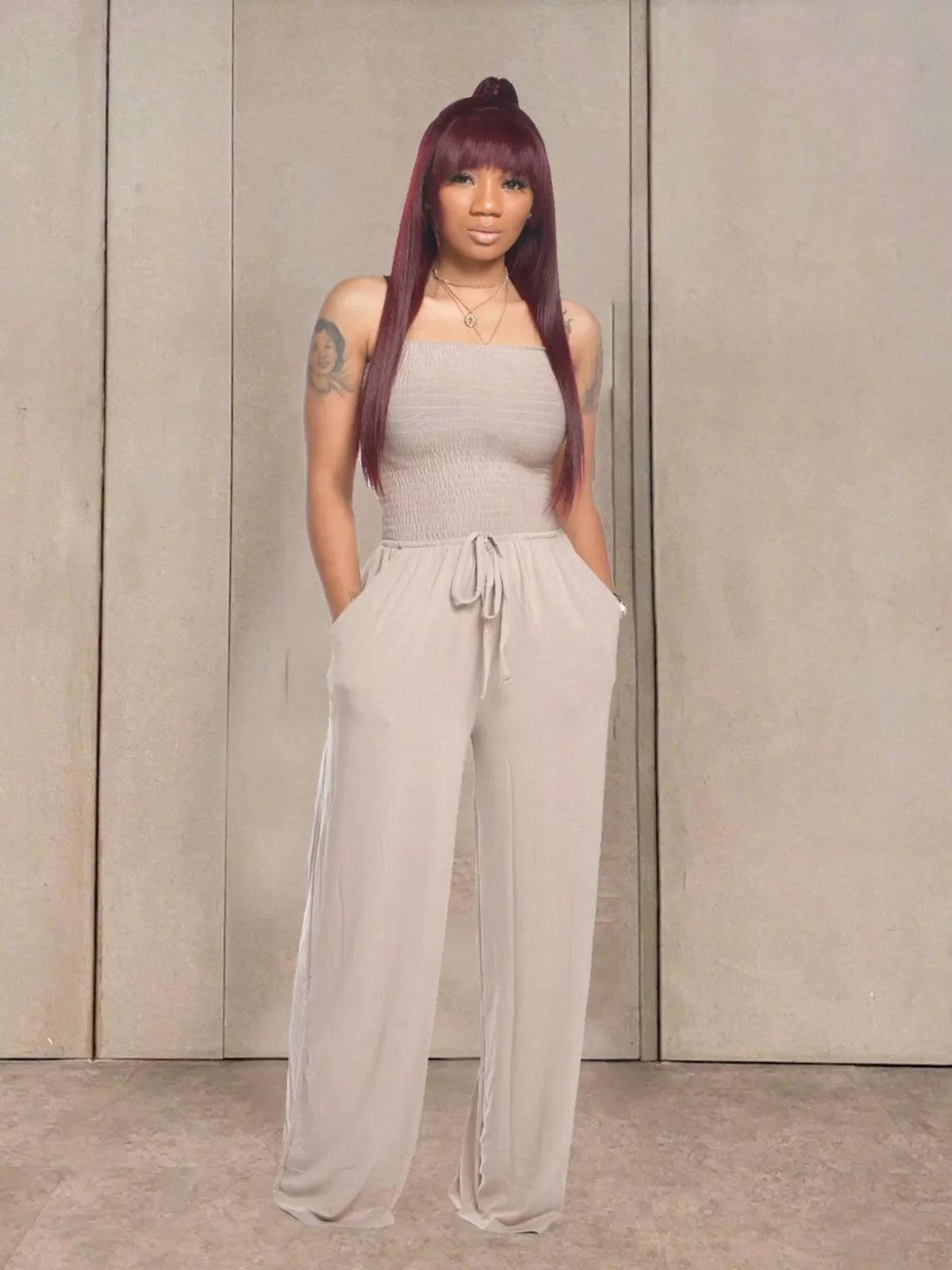 Strapless Smocked Wide-Leg Jumpsuit