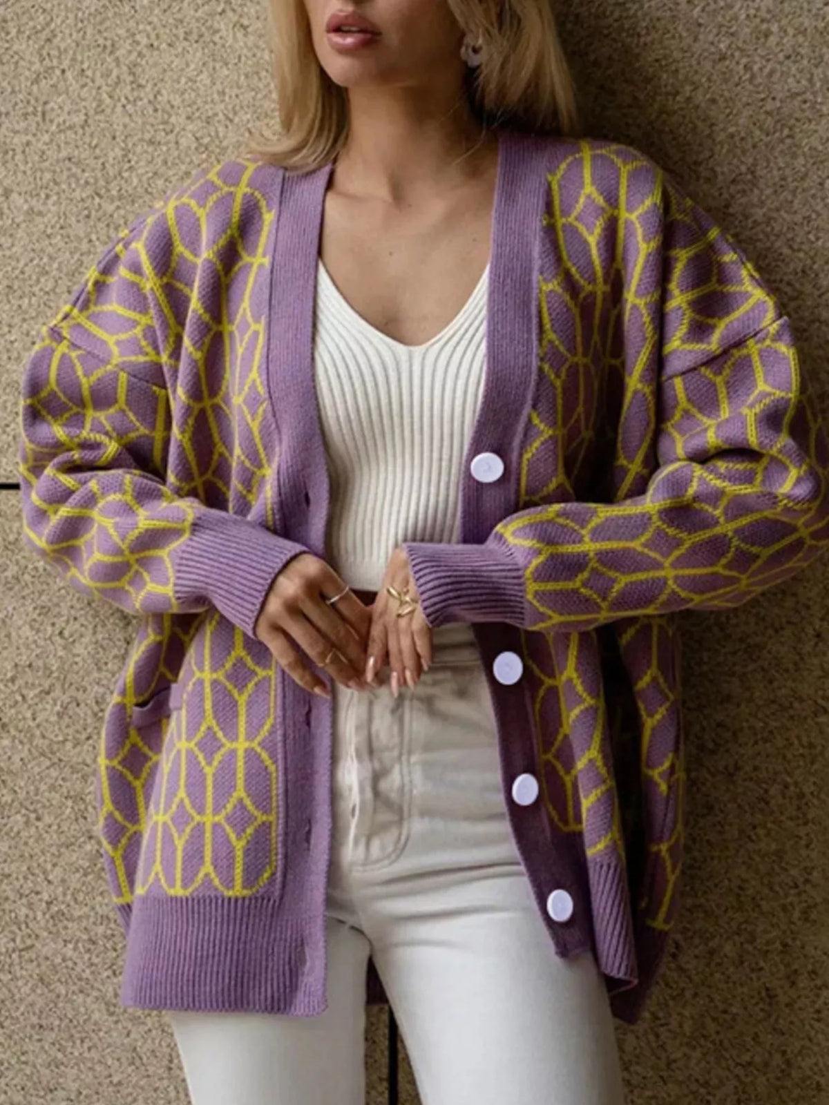 Geometric Patterned Button-Down Cardigan