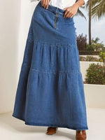 Tiered Maxi Denim Skirt with Zipper Detail - Ladyez