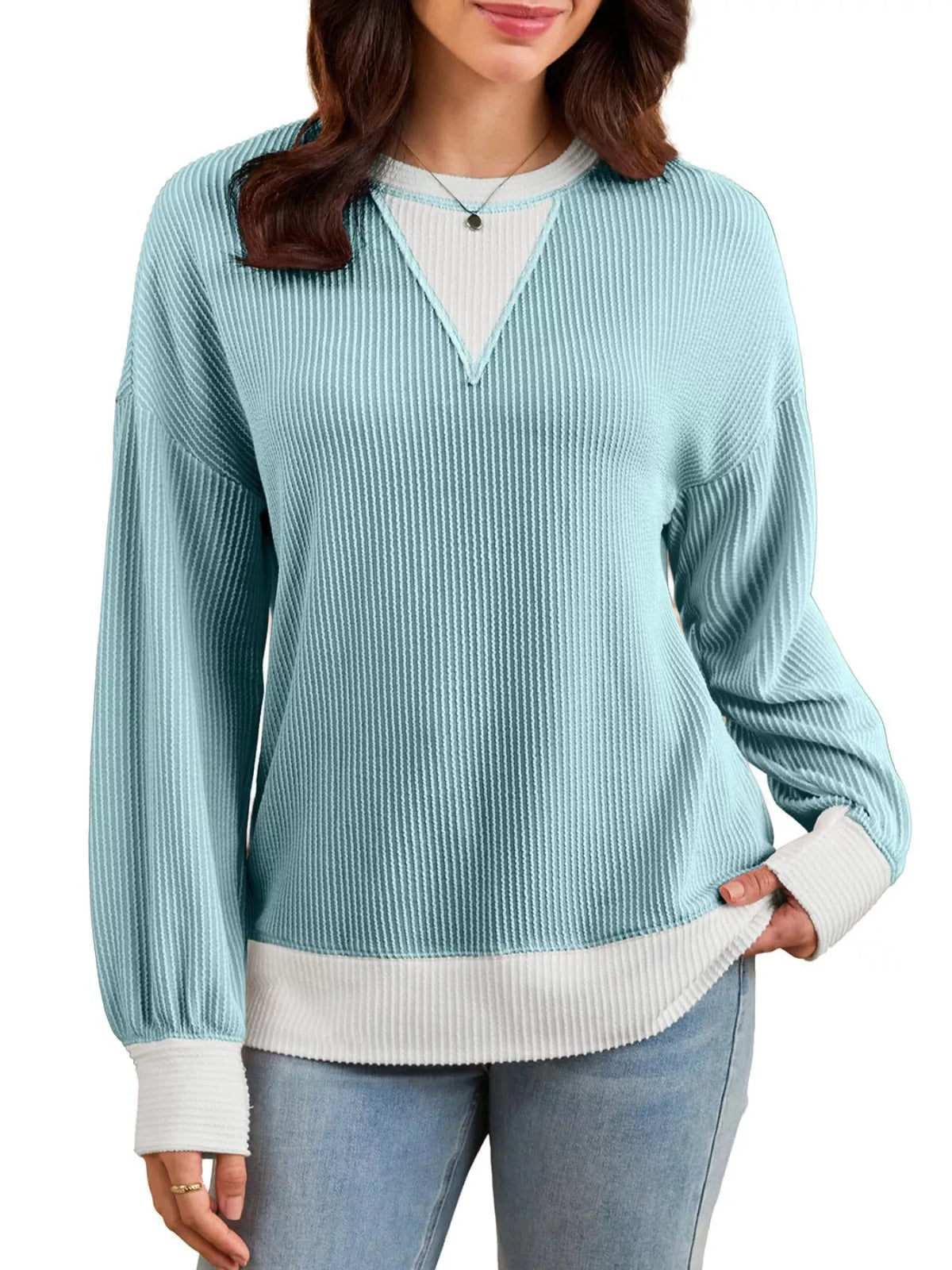 Two-Tone Ribbed Knit Sweatshirt