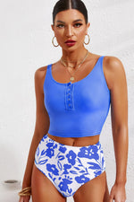 Half Snap Square Neck Tankini Set - Ladyez
